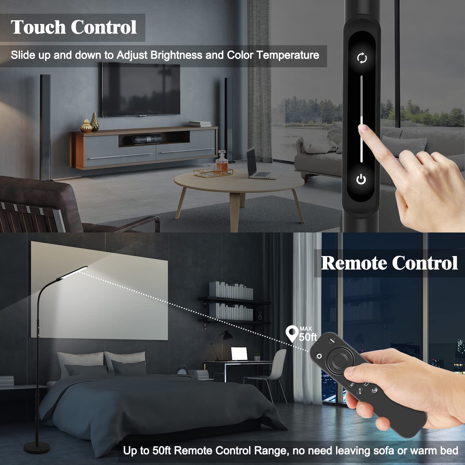 Nxone Adjustable Led Floor Lamp, Black, Modern Reading Light With 4 Colors & Stepless Brightness