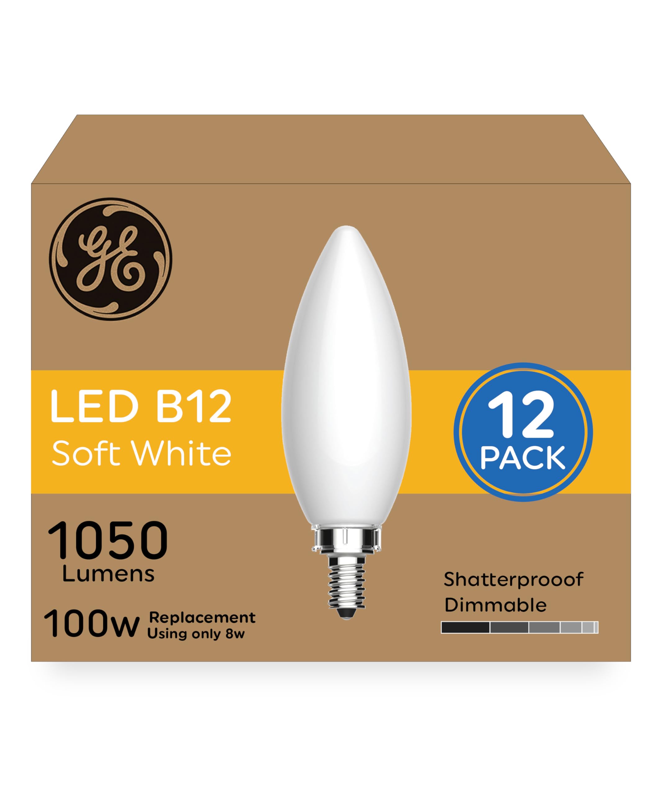 Ge Ultra Bright Led Light Bulbs, 100W, Soft White Candle Lights, Frosted Decorative B12 Light Bulbs (12 Pack)