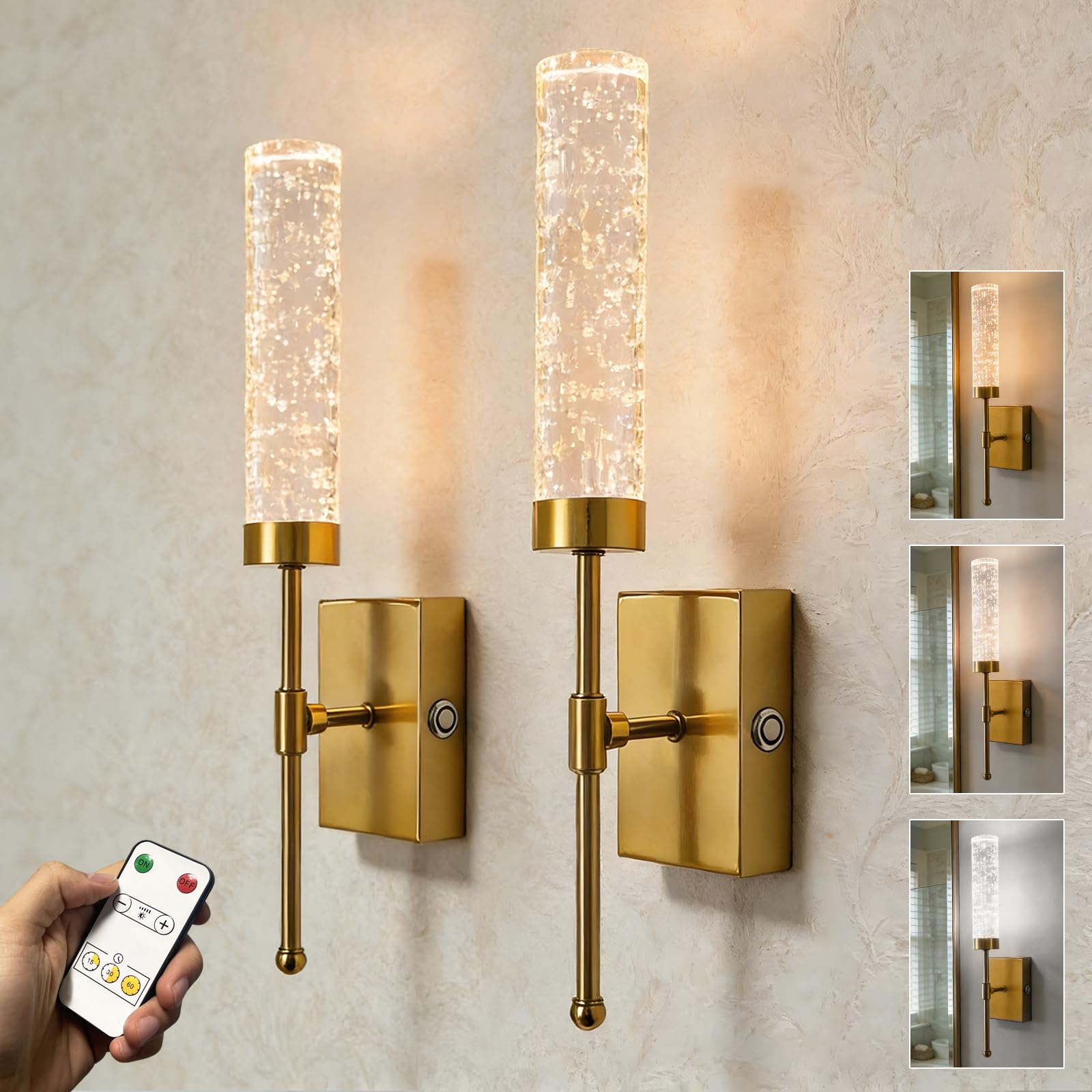 ThyFenno Gold Battery Operated Wall Sconce Set of 2  Wireless Wall Sconces with Remote Control  Rechargeable Dimmable Wall Light for Bedroom Bathroom Hallway Living Room Entryway Stairwell 3 Colors