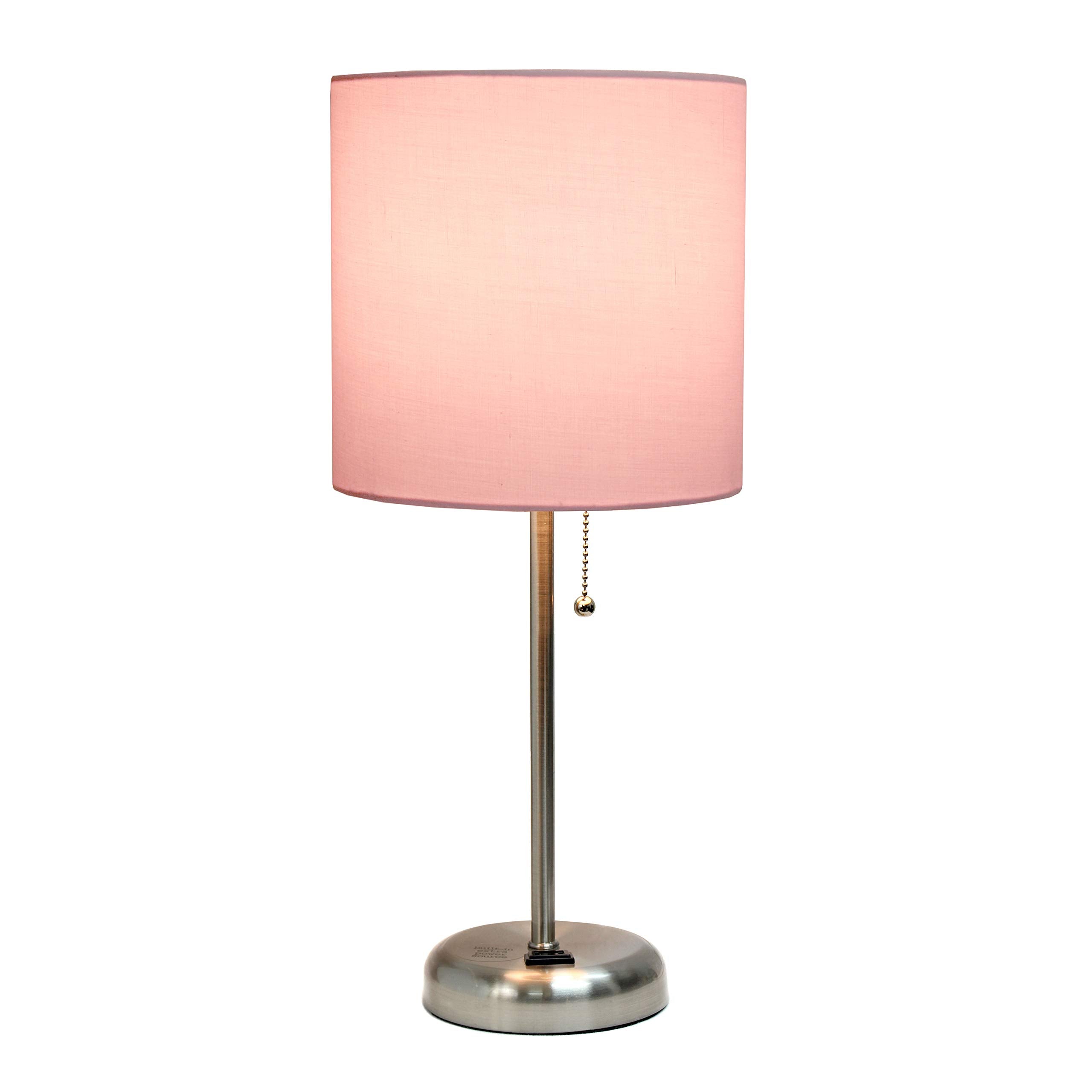 Simple Designs Lt2024-Lpk Brushed Steel Stick Table Desk Lamp With Charging Outlet And Drum Fabric Shade, Light Pink
