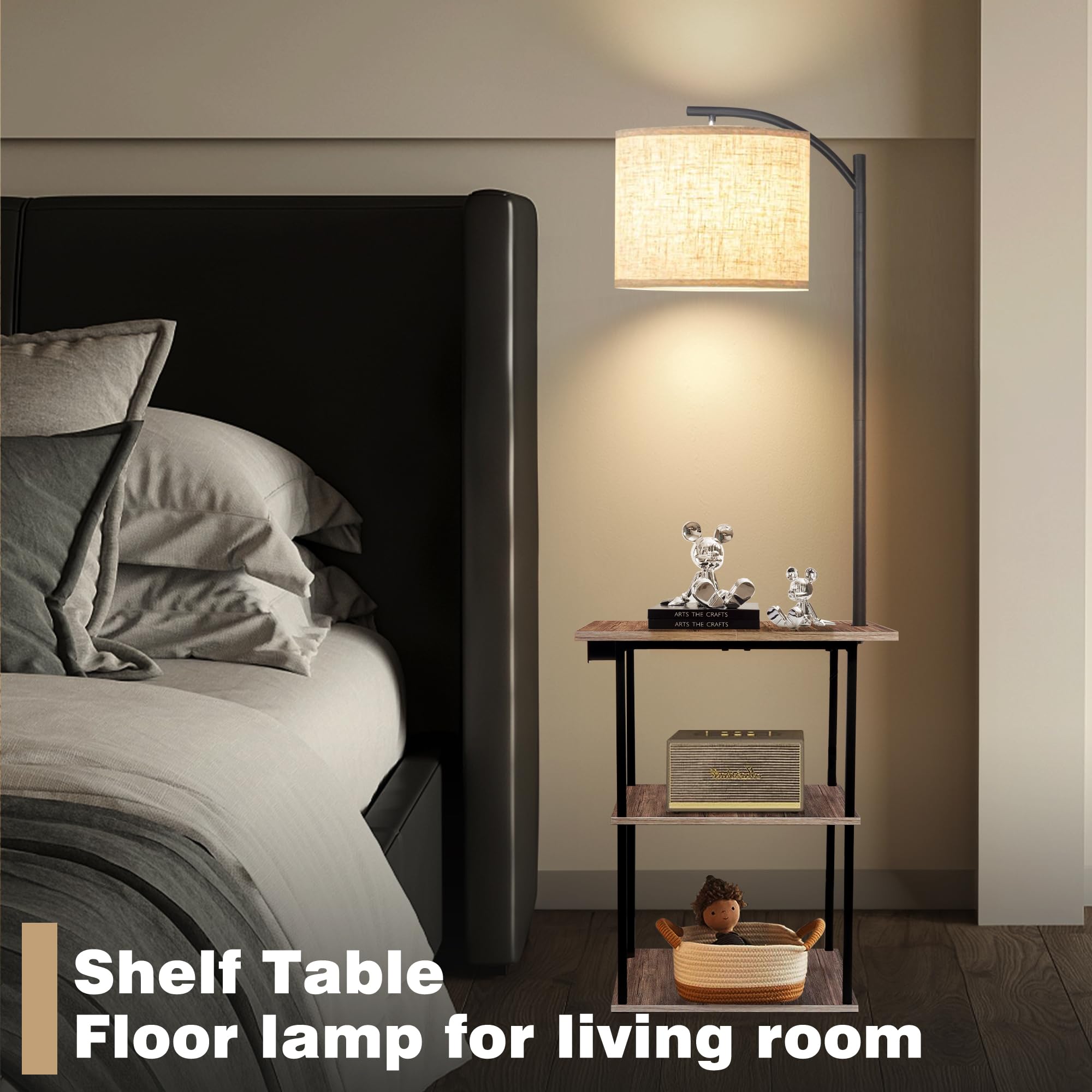 Pesrae Floor Lamp With Table,Lamps For Nightstand With Charging Station(Usb & Type-C & Ac Port), 3 Color Temperatures 9W Led Bul