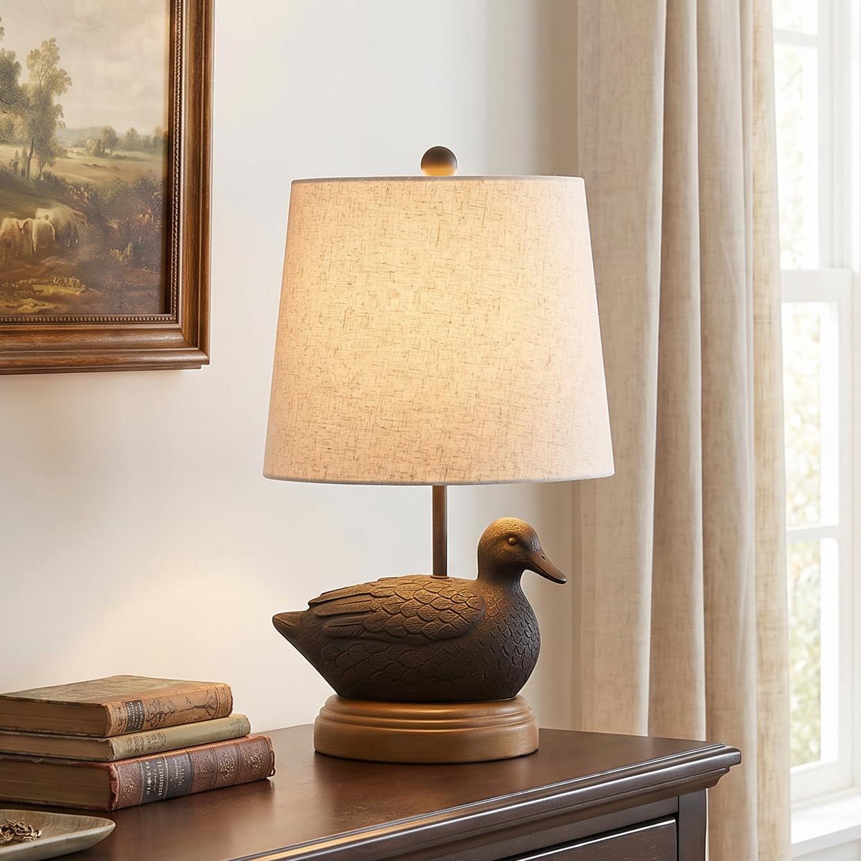 Crestview Collection 21 H Black Duck Table Lamp, Resin Farmhouse Lamp with Natural Linen Shade, Rustic Lodge Accent Lighting for