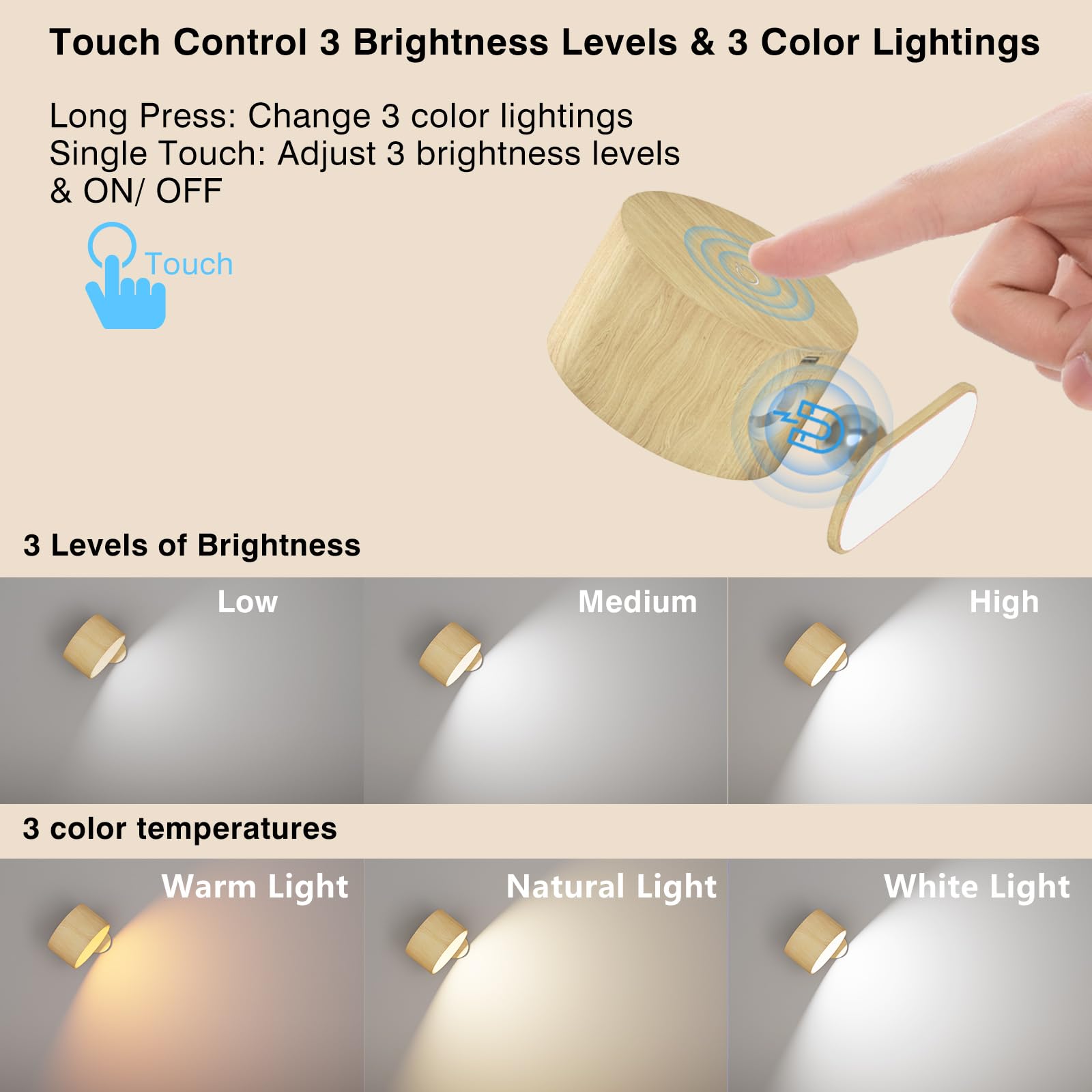 Aksda Battery Operated Wall Light, Led Wall Sconce With 3 Color Modes 3 Brightness Levels 360?Rotation Lighting Touch Control, W