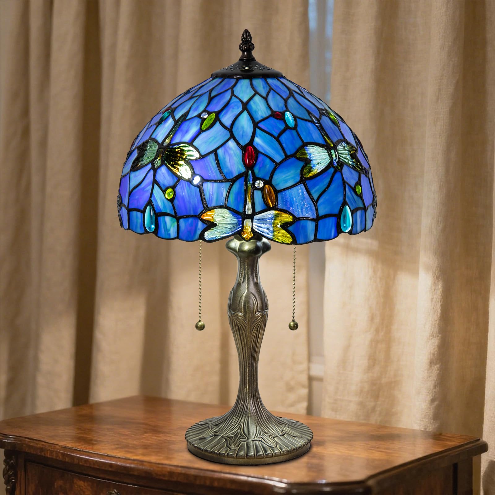 Nizrsky Tiffany Table Lamp, 3 Color-Temperature Dragonfly Stained Glass Lamp,12 Inch Tiffany Style Lamp for Bedroom Living Room 