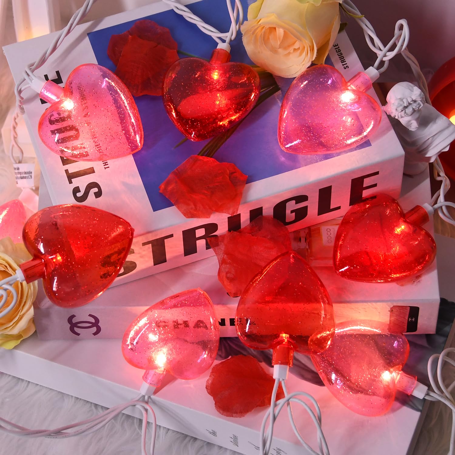 8.5Ft Red & Pink Heart String Lights, Valentine'S Day Decorations Lights With 10 Led Red Pink Glitter Heart Lights, Connectable