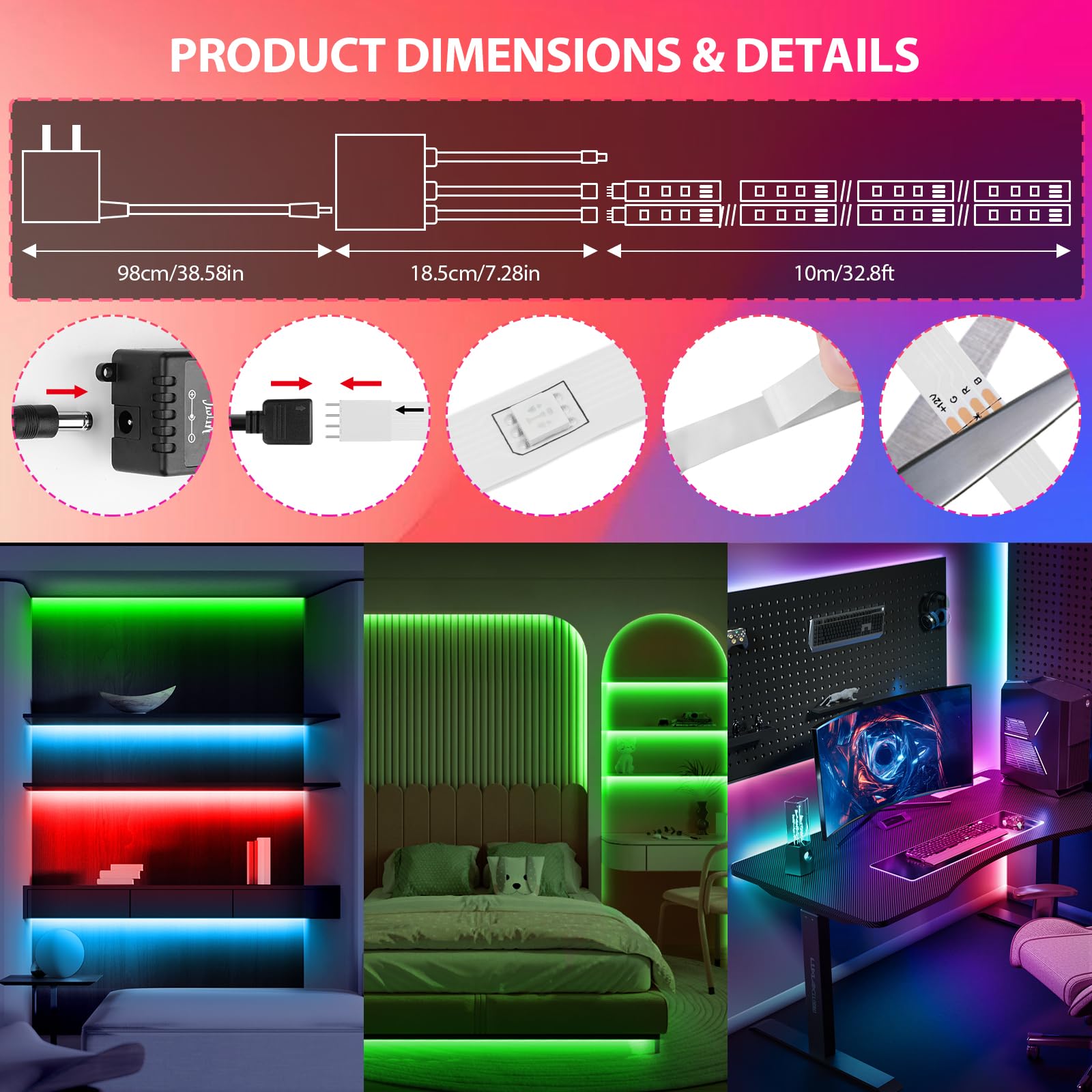 Led Strip Lights 65.6Ft(2 Rolls Of 32.8Ft), Dimmable 5050 Rgb Color Changing Lights Strip With 40 Key Ir Remote Controllers, Sel