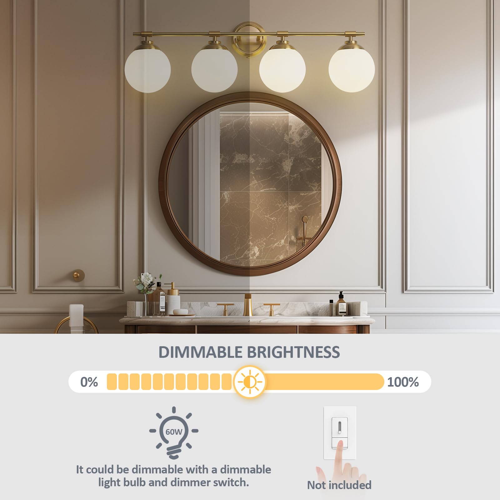Rayogale 32 Inch Gold Bathroom Light Fixtures, 4 Light Vanity Lights, Metal, Milk White Glass Shades, Model 7201