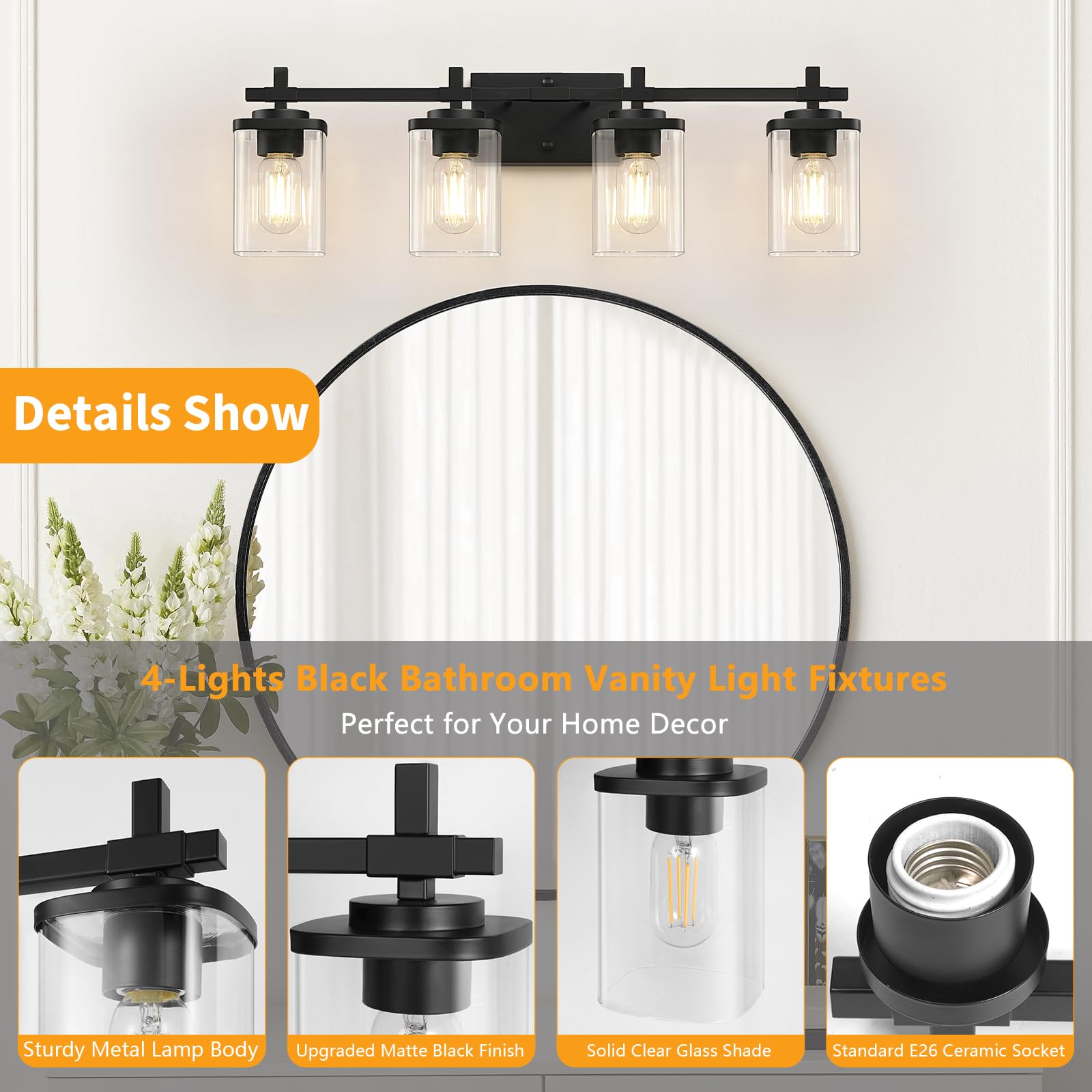 Spiglamm 4-Lights Matte Black Bathroom Light Fixture, Modern Black Vanity Lights Over Mirror With Clear Glass Shade, Bathroom Wa