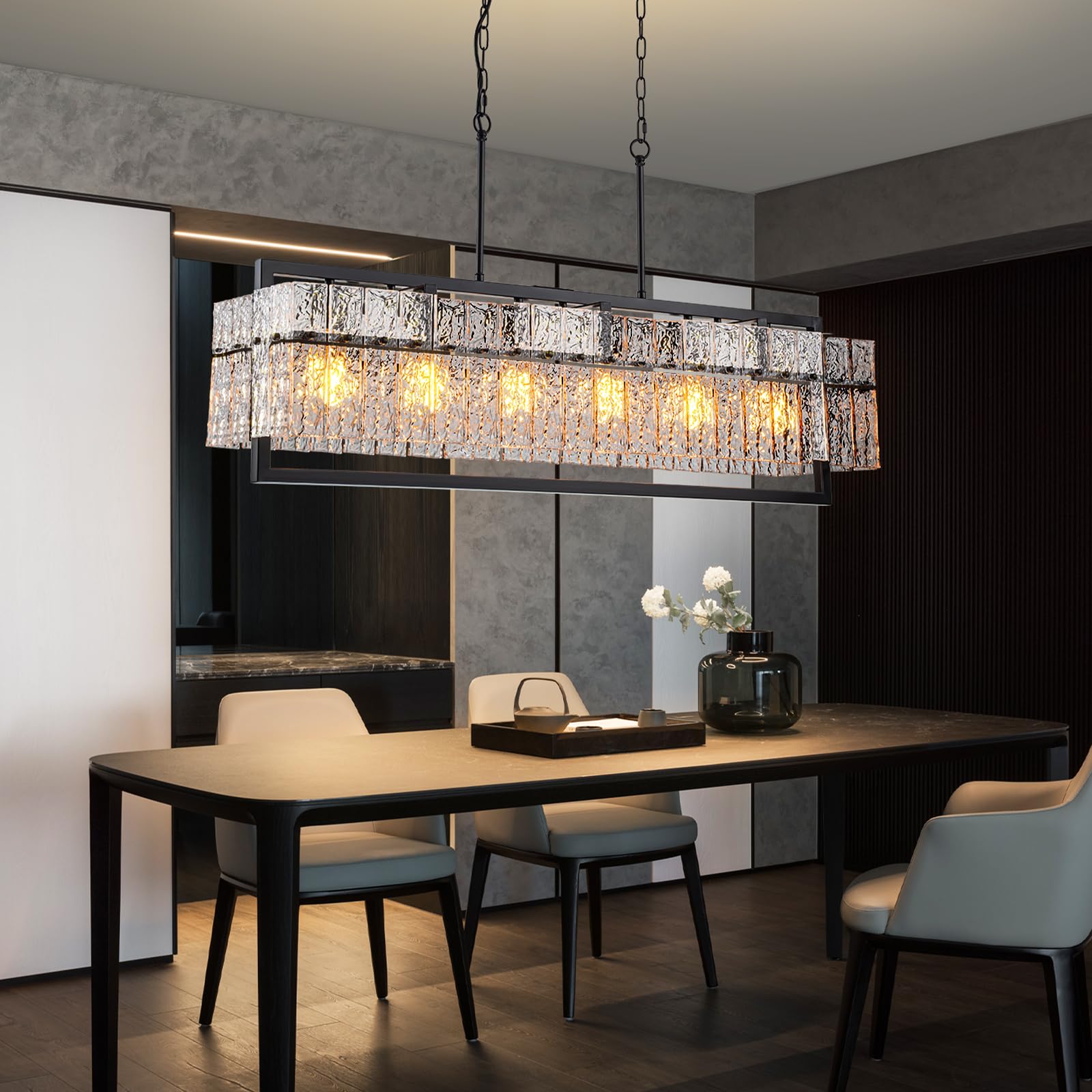 Jsdorsy Modern Chandeliers For Dining Room, 6-Light Large Black Rectangle Kitchen Island Lighting With Water Ripple Glass, 42