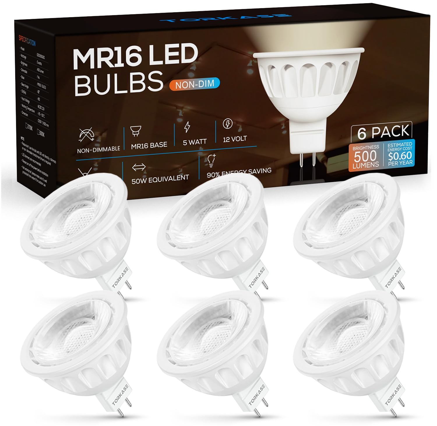 Mr16 Led Bulb, 12V 5W(50W Halogen Equivalent), Gu5.3 Bi Pin Base, 6000K Daylight White, Non-Dimmable, 40 Degree Spotlight Bulbs,