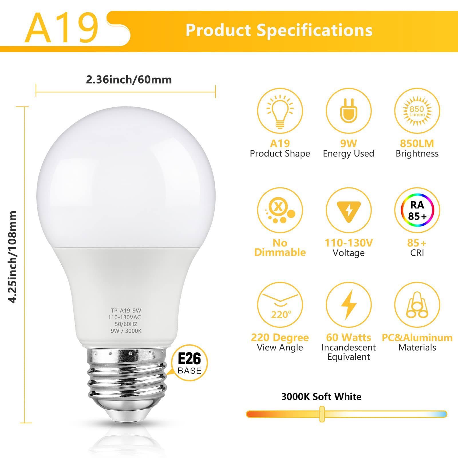 Maylaywood A19 Led Bulbs, 60W Equivalent, Soft White 3000K, 850Lm, Non-Dimm