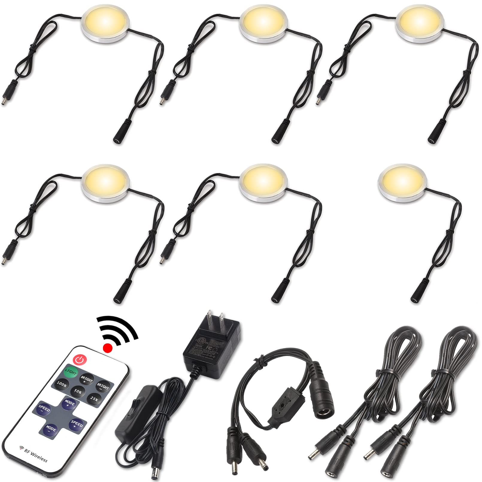 Lvyinyin LED Closet Lighting, Round Under Cabinet Puck Lights, Daisy Chained, 110 Volt Plug-in, RF Dimmable Remote Control, Y Sp