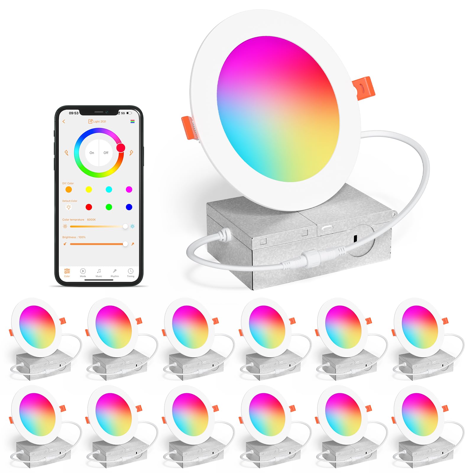 SikSog 4 Inch Smart Recessed Lighting 12W LED Downlight, 1080 Lumen, RGBCW, Dimmable, Compatible with Alexa, 12 Pack