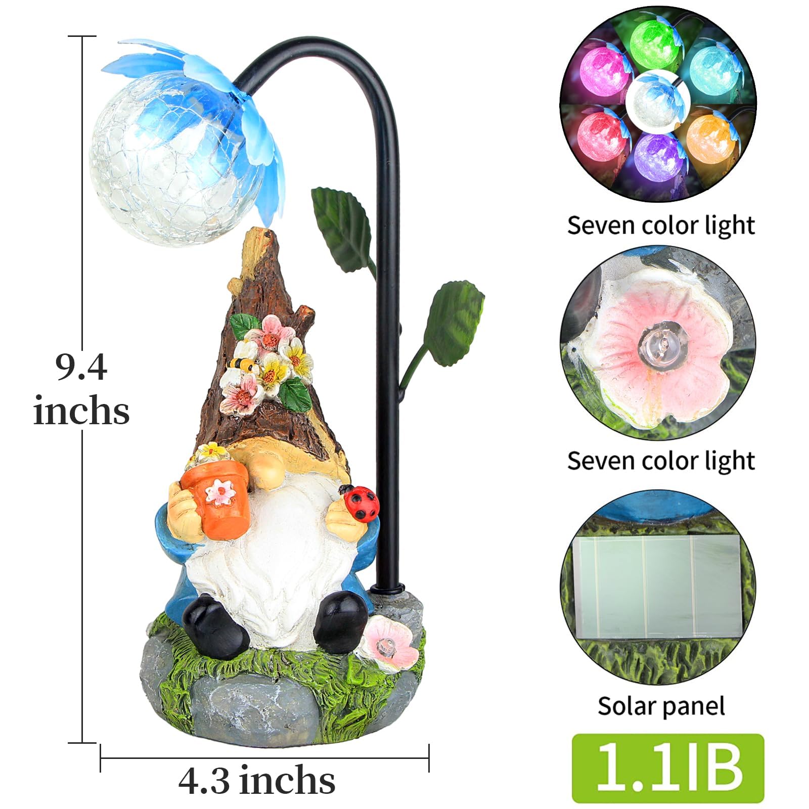 Sinhra Garden Gnome Statue - 9.4in Resin Figurine with Colorful Solar LED Lights - Blue Outdoor Decor for Patio, Yard, Lawn, Porch