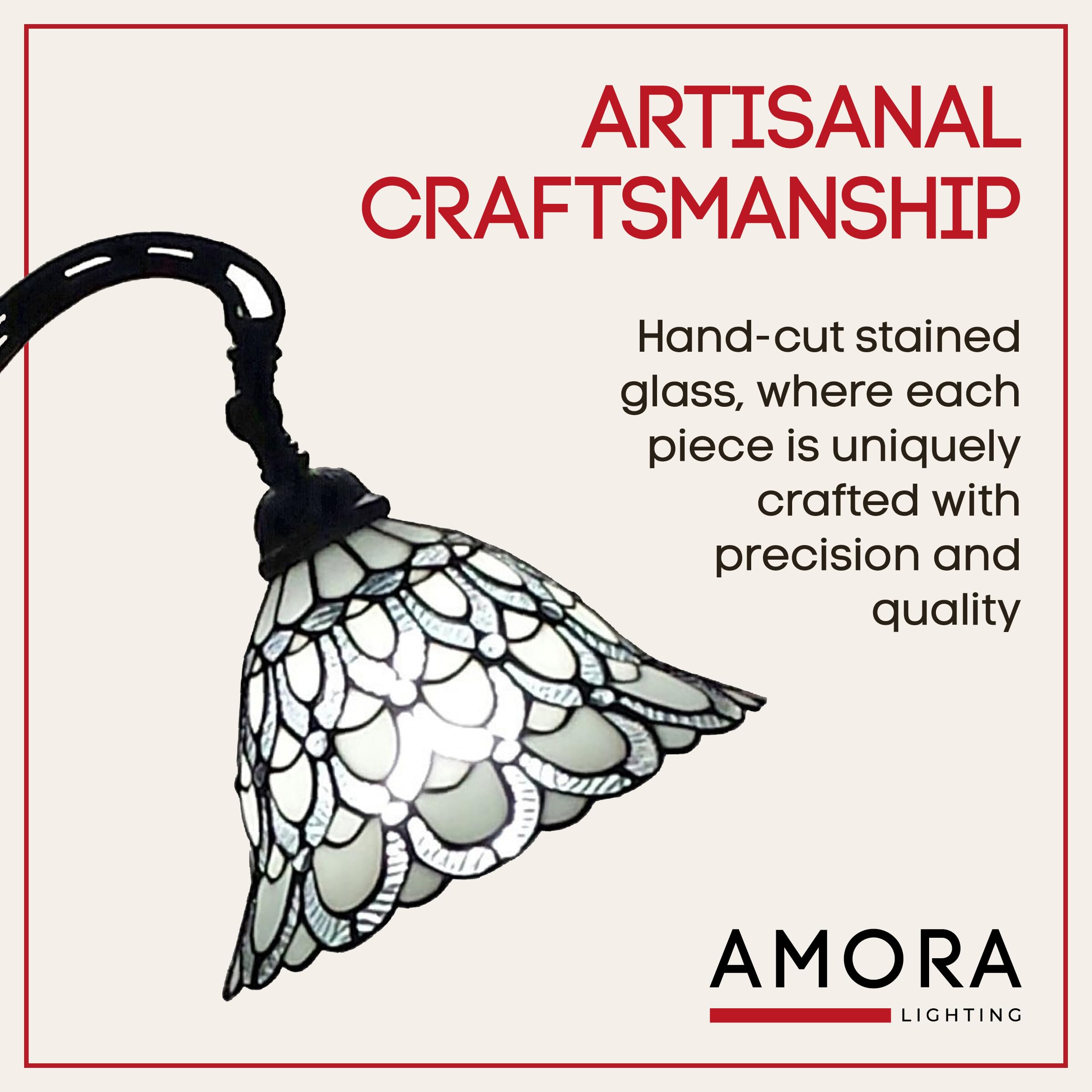 Amora Tiffany Floor Lamp - 62" Arched Peacock Design, Stained Glass, White, Model AM107FL11