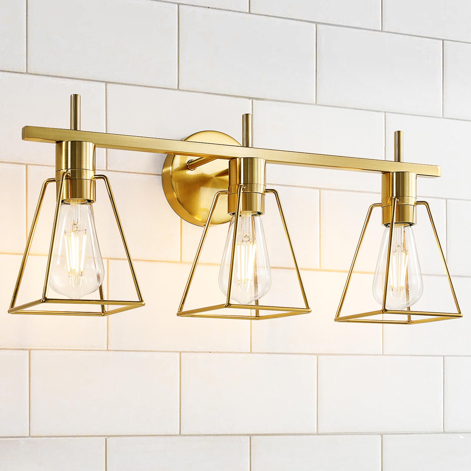 Hahzt Industrial Bathroom Vanity Lights: 3 Lights Brushed Gold Vintage Metal Cage Wall Lamps - Rustic Farmhouse Lightning Fixture Over Mirrors Cabinet For Dressing Hallway