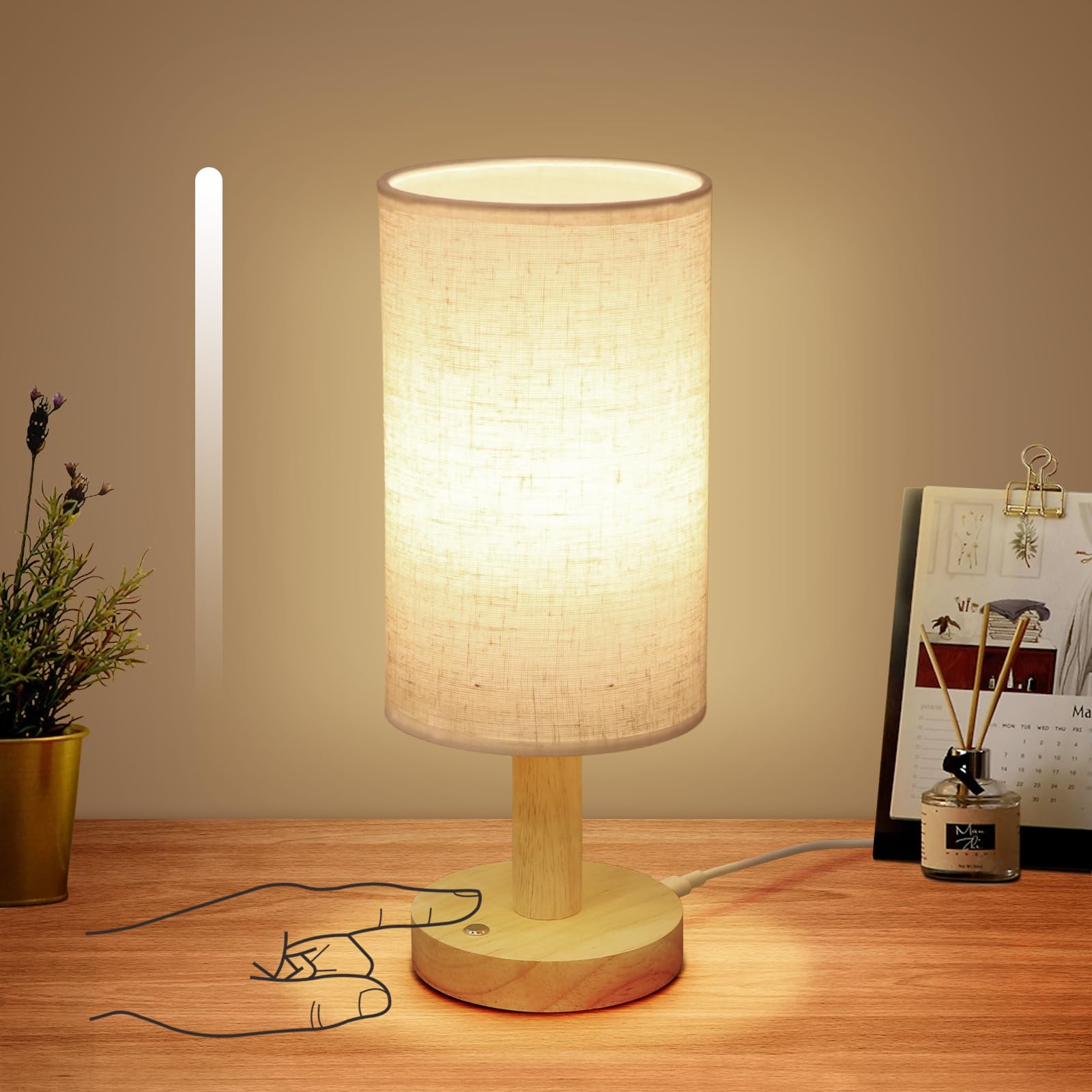 Small Corded Touch Bedside Table Lamp With Stepless Dimming, Natural Round Wood Base & Linen Fabric Shade, Usb-Powered Cozy Ambi