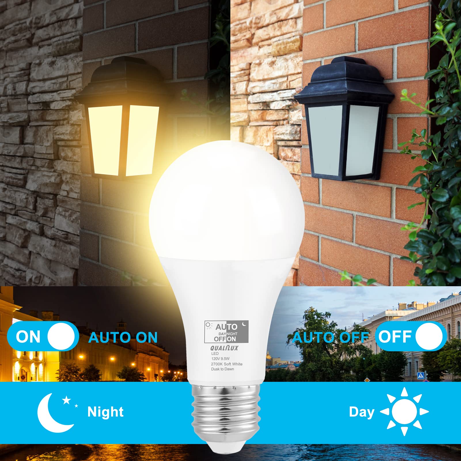 Qualilux Dusk to Dawn LED Light Bulbs, 850LM, 60W Equivalent, Soft White, A19, E26 Base, 2-Pack