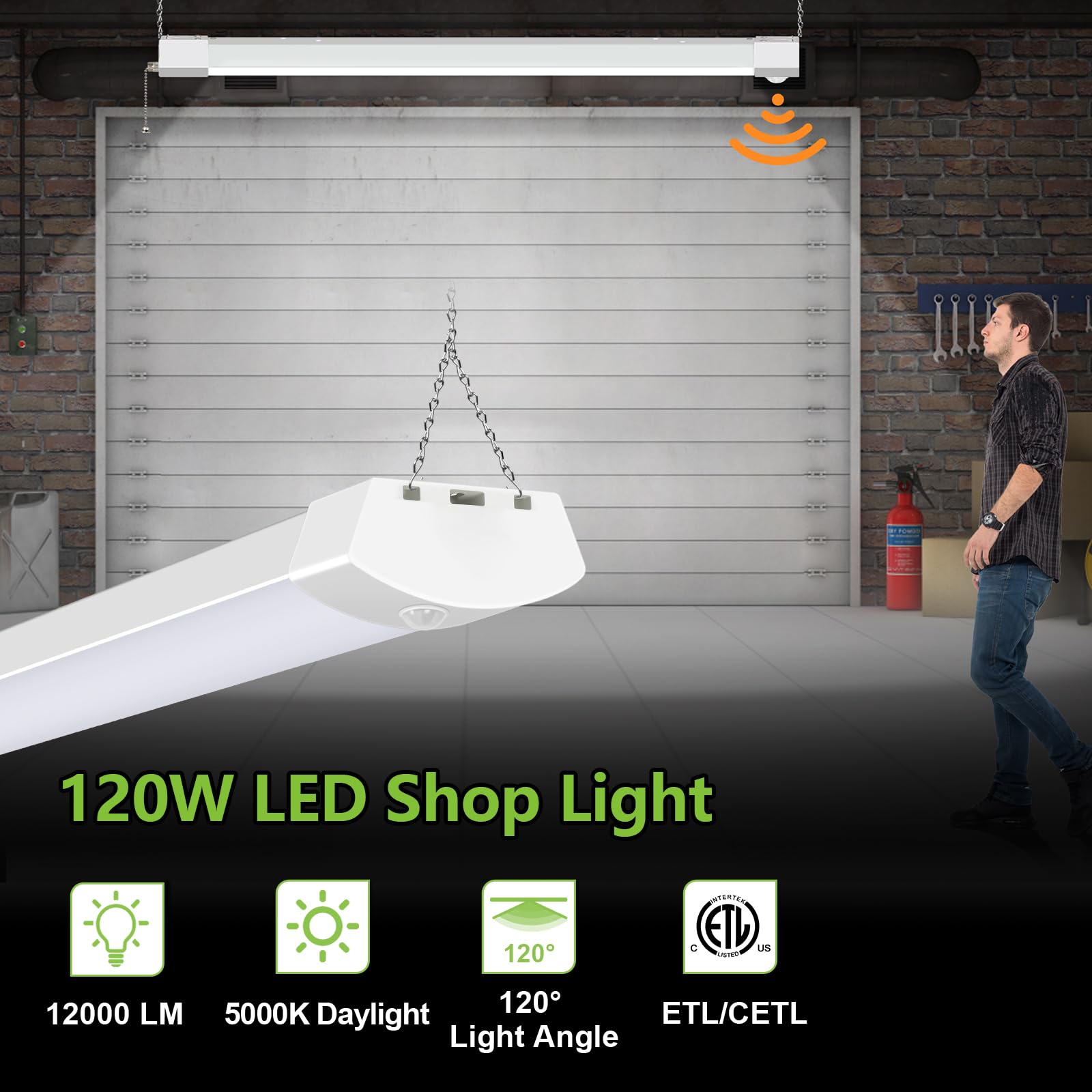hykolity 4FT LED Shop Light, 120W, 12000lm, Motion Activated, White, Model HBSP-ZC120W-MS50K, 2 Pack