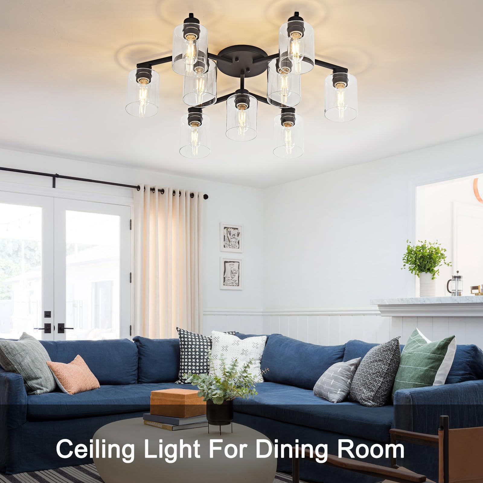 9 Light Kitchen Lighting Fixtures Ceiling Black Semi Flush Mount Ceiling Light Fixture Large Living Room Lighting Cieling Lamps For Dining Room Living Room Light Fixture With Clear Glass Shades