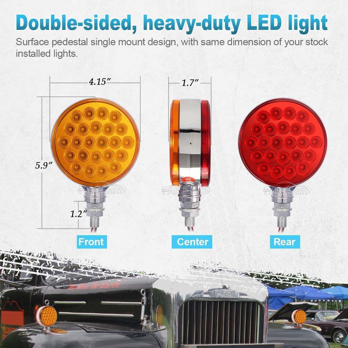Partsam 2Pc 4 '' Round Double Face Single Stud Mount Pearl Red/Amber 48 Led Pedestal Fender Reflective Lights W Chrome Housing S