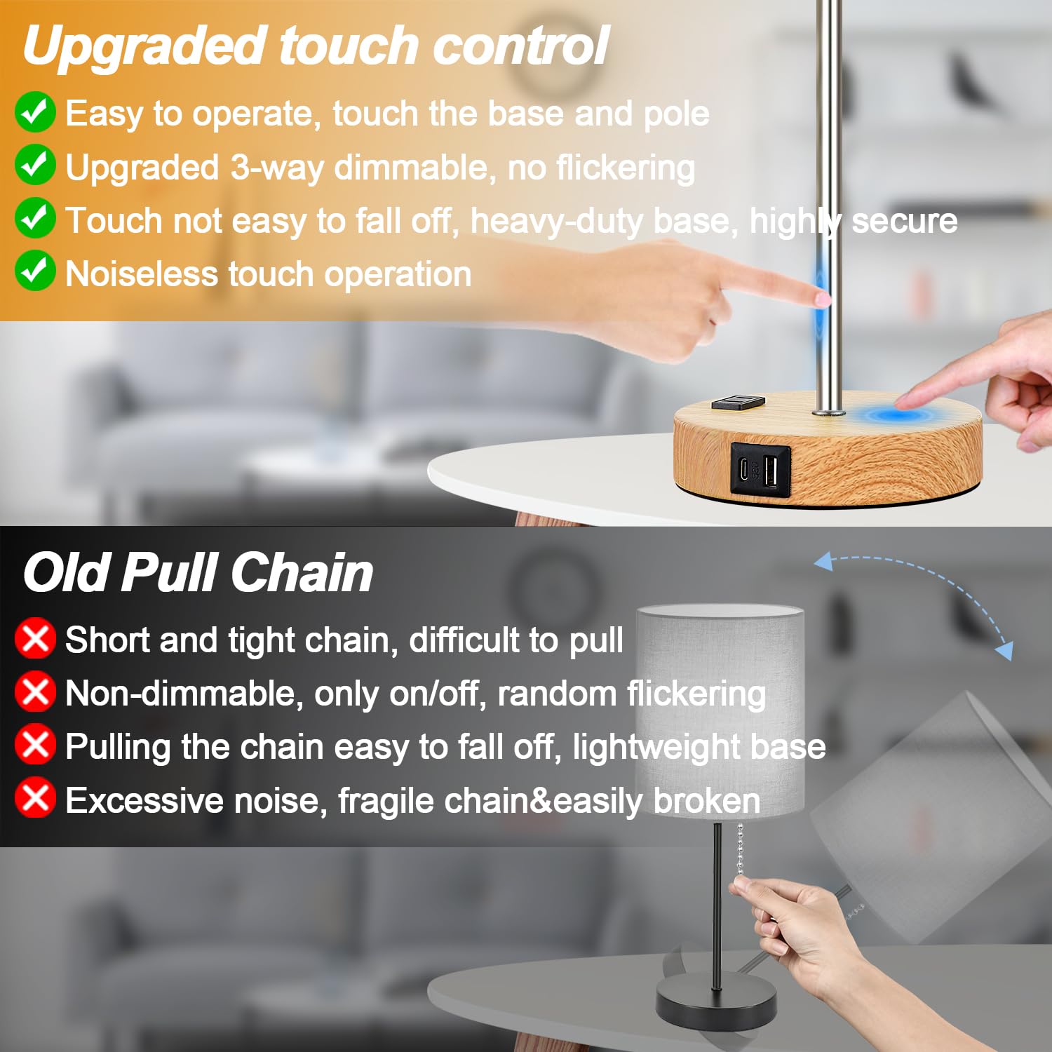 Lynnoland Touch Wood Table Lamps Set of 2, 3-Way Dimmable, USB & AC Outlet, Beige & Wood, Model T3476