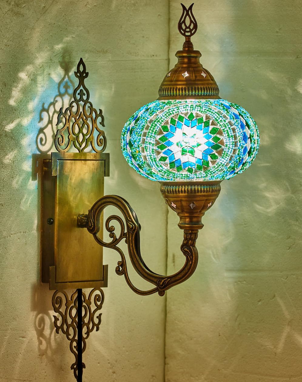 DEMMEX Turkish Moroccan Mosaic Wall Sconce Lamp, Handmade Glass, Brass Base, 15x5in, Teal-Turquoise