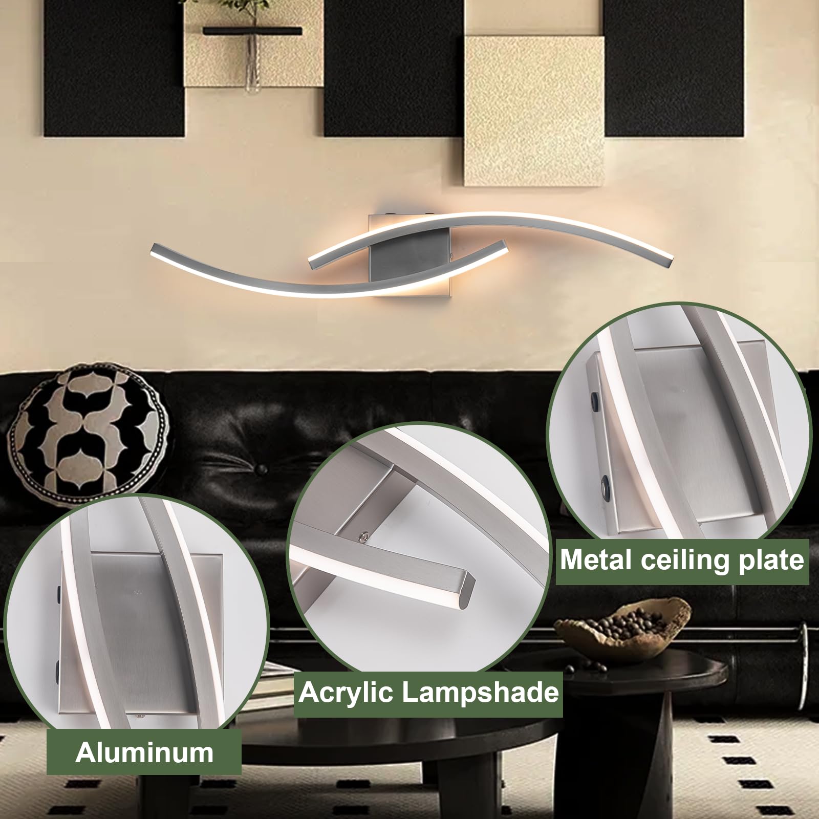 Sovinzert Wall Sconce Set of 2, Brushed Nickel LED, 3000K-6000K, Rechargeable, Modern Design for Living Room, Bedroom, Hallway