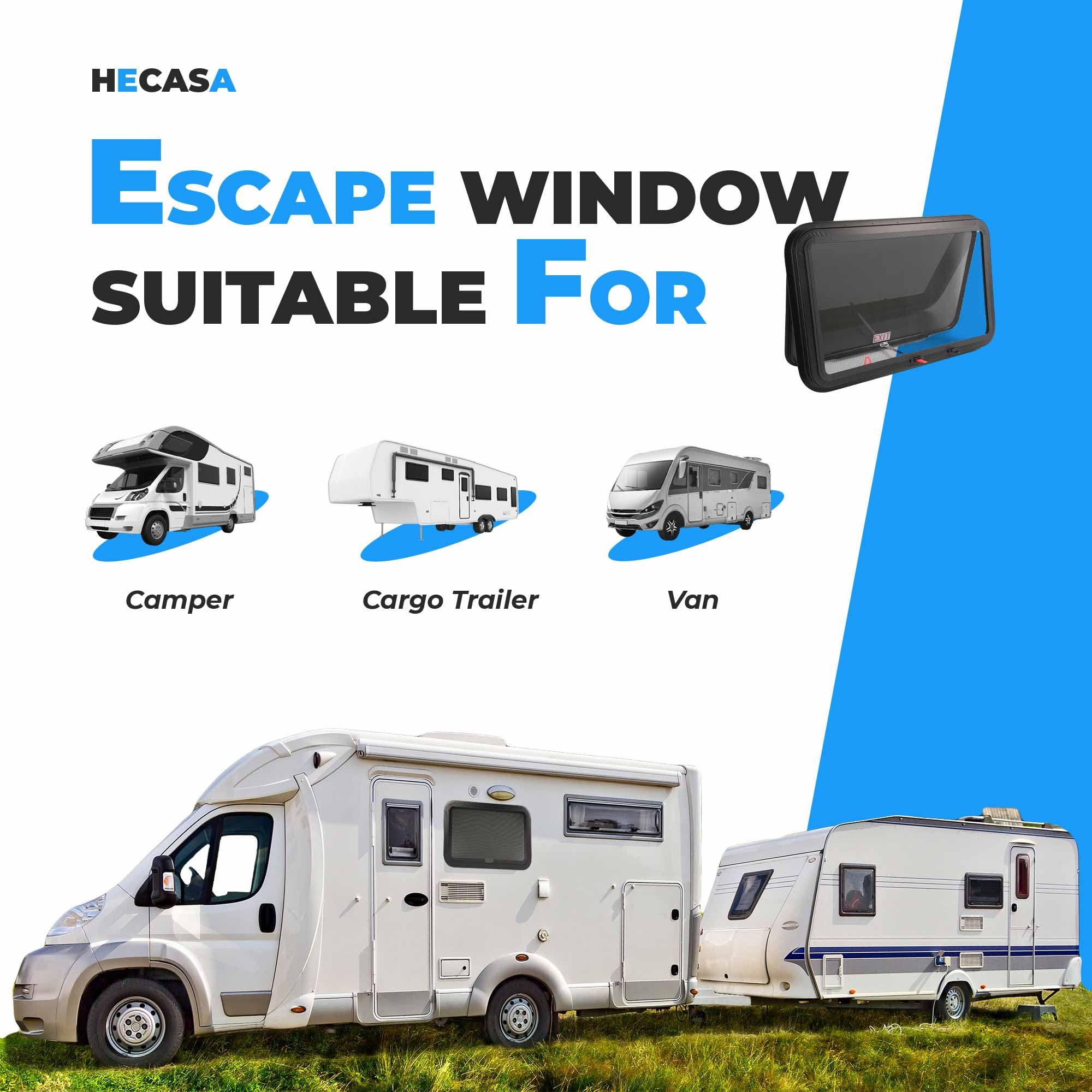HECASA RV Emergency Exit Window 30" x 20" Tinted Glass w/Trim Ring & Screen - Model MO-5419, Aluminium & Rubber