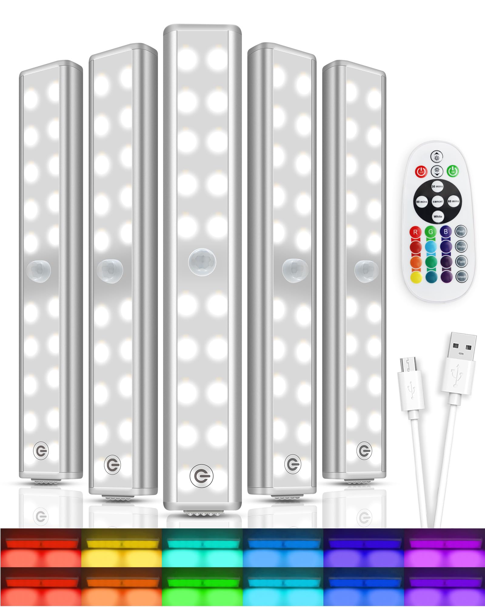 Under Cabinet Lighting, Under Counter Lights for Kitchen 5 Packs 48 LED 15 Color Temps Dimmable Battery Operated RGB Lights with Remote Wireless Closet Lights for Bedroom Wardrobe Stair