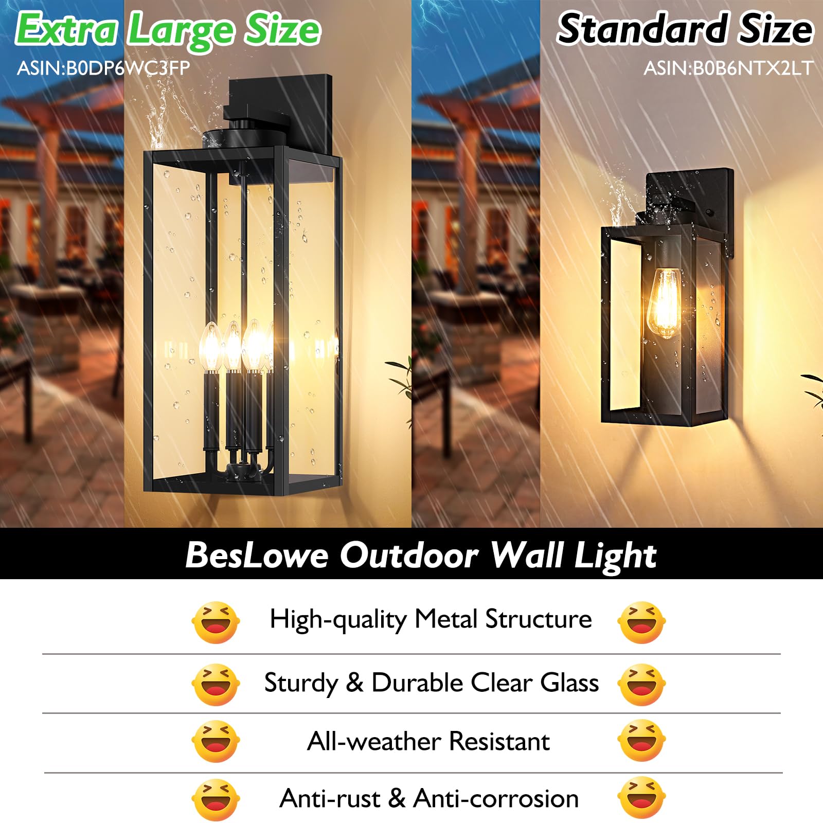 BesLowe Outdoor Wall Light Fixture, 23.9in Waterproof Porch Sconce, Black, Metal, Model 21128