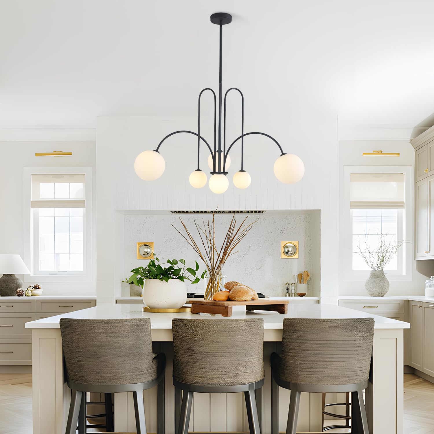 Flyrose Mid Century Modern Chandelier 6-Light Milk Glass Chandelier Black Sputnik Chandelier Light Fixture Frosted White Globe C