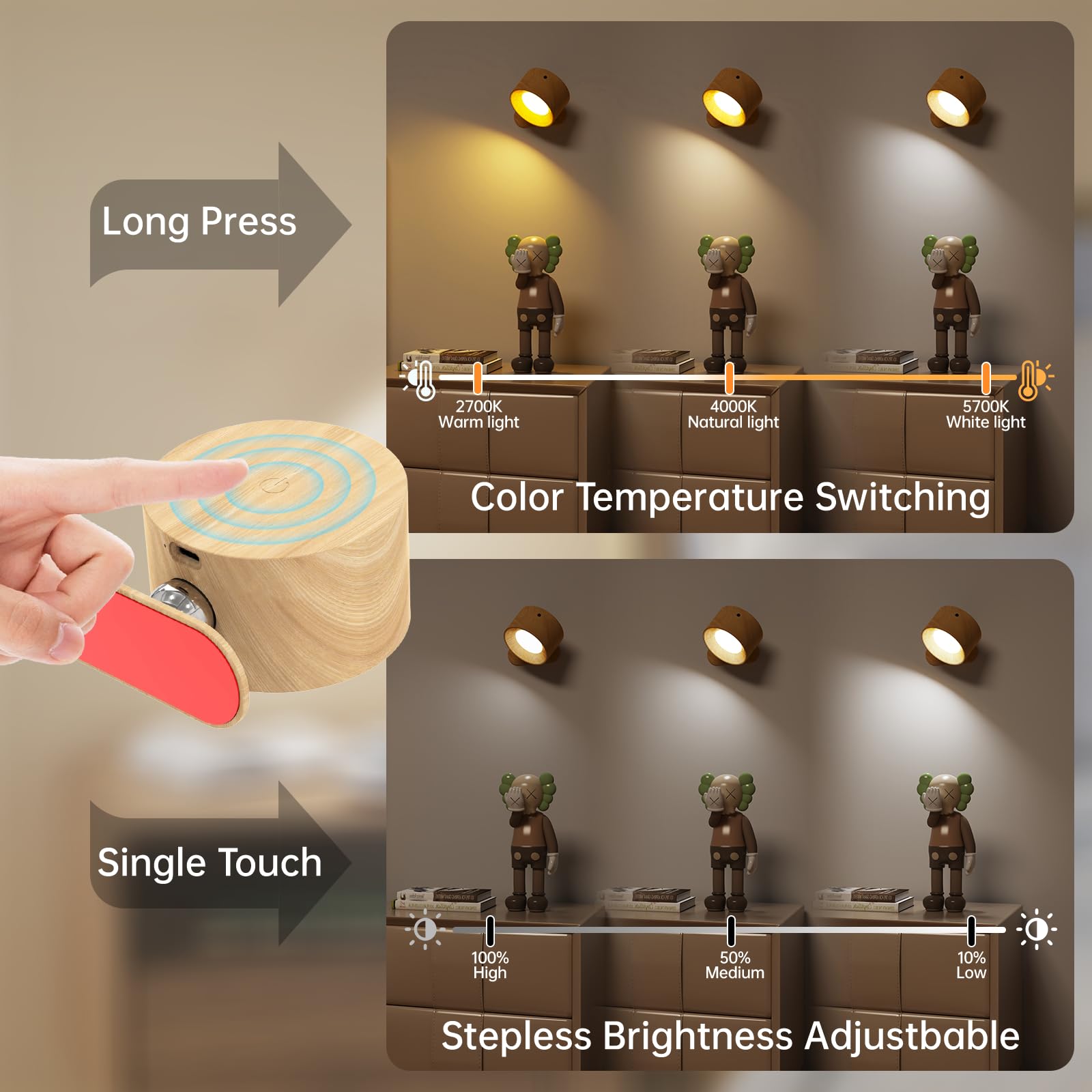 Deyagoo Remote LED Wall Sconce - Cordless Rechargeable Light, 3 Colors, 3 Brightness Levels, Wood-B, Model DS126L, Pack of 2