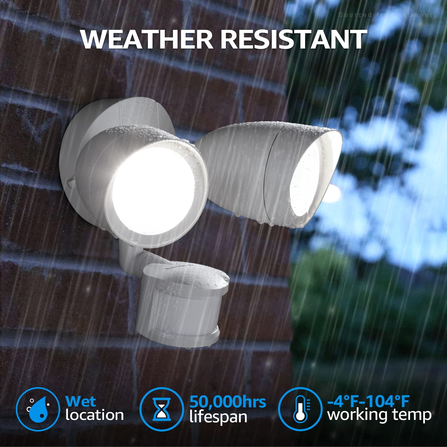 LEONLITE LED Motion Sensor Flood Light, 1400lm, 5000K Daylight, Waterproof, Dual Heads, Model ZH3SCT-20WRSS50-WHT