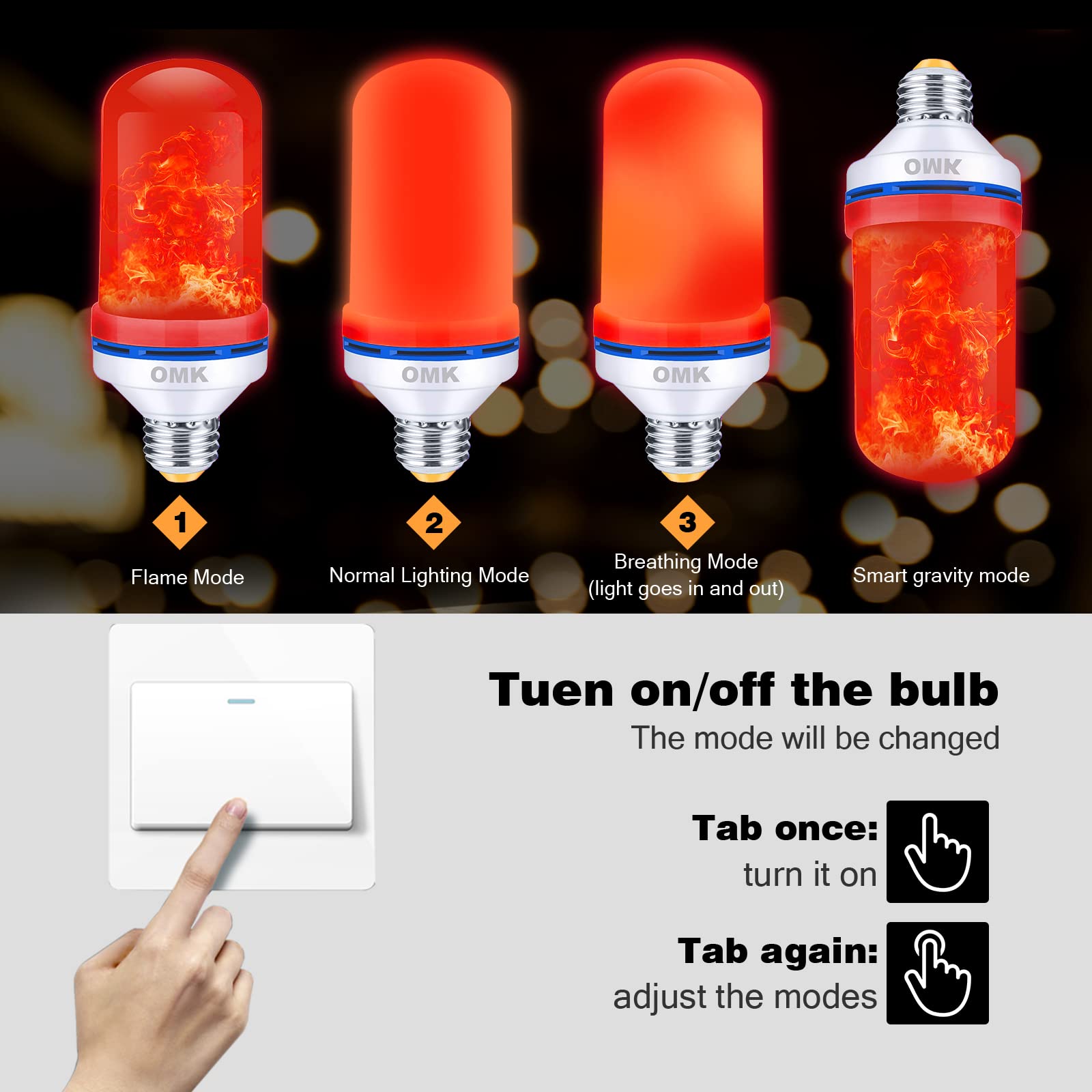 OMK LED Flame Effect Light Bulbs - 4 Modes, ABS Material, 2 Count, Red and Green, Model FL96 - Halloween/Christmas Decorations