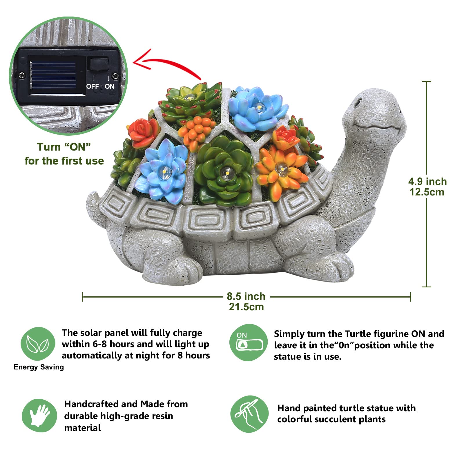 Nacome Solar Garden Outdoor Statues Turtle With Succulent And 7 Led Lights - Lawn Decor Tortoise Statue For Patio, Balcony, Yard Ornament - Unique Housewarming Gifts