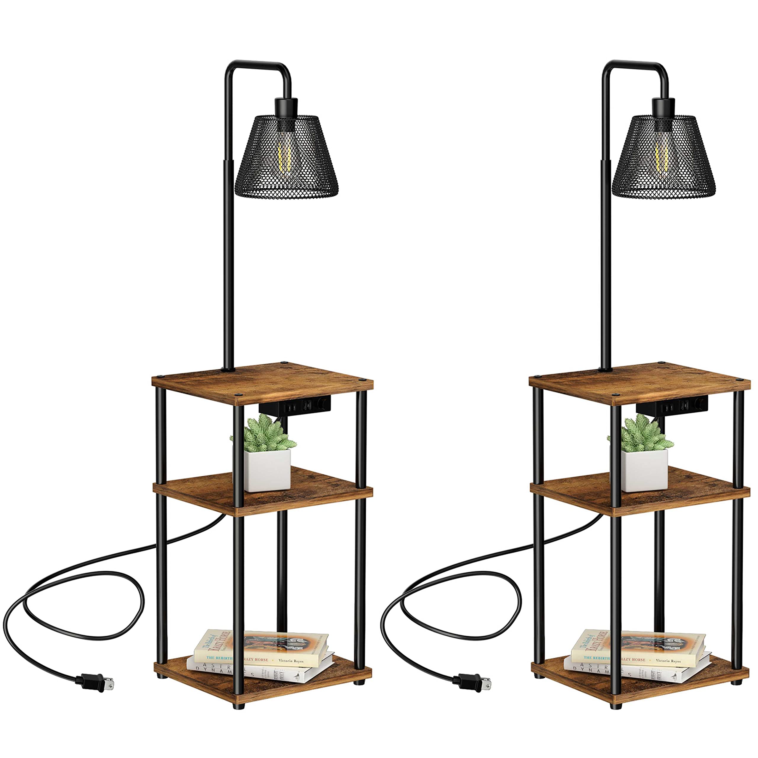 Pazarfami Floor Lamp With Table, Side Table With Usb Charging Port And Outlet, End Table With Floor Light For Living Room, Bedroom, Guest Room, Bulb Included (Black-2 Pack)