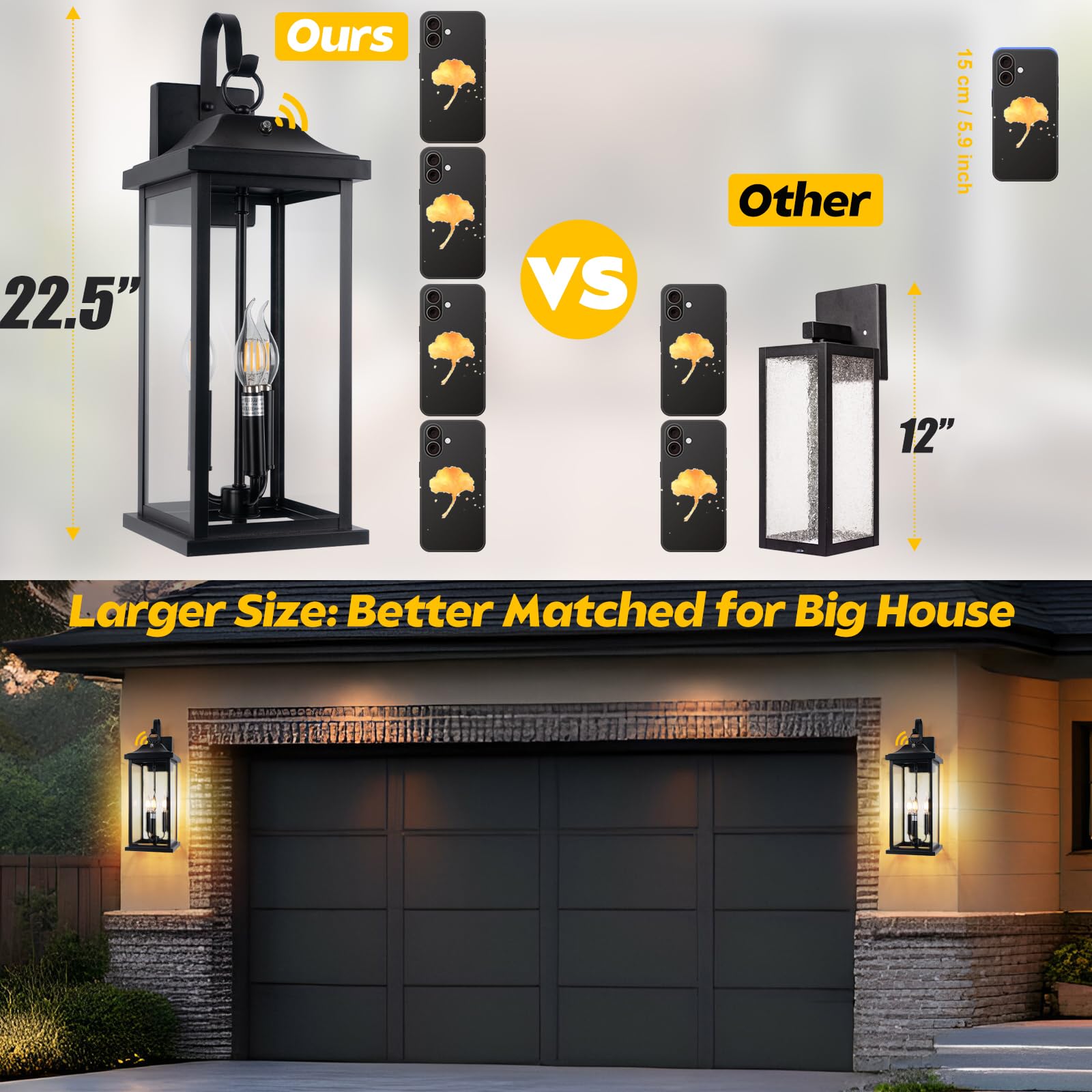 Roravilila 2-Pack Dusk to Dawn 23" Outdoor Wall Lights, Matte Black, IP65 Waterproof, E12, 3-Light Modern Lanterns