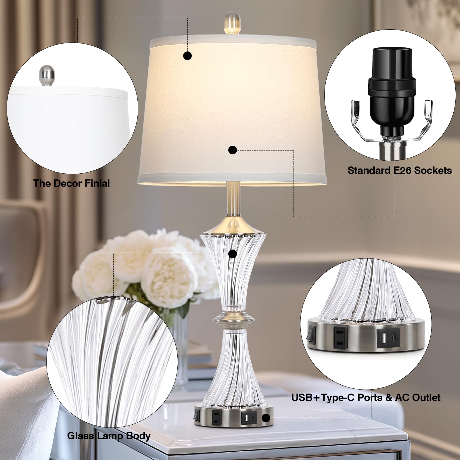 Rinweey Crystal Glass Table Lamp With Usb C+A Ports & Ac Outlet,White Clear Modern Bedroom Lamp,Silver Lamp For Living Room,Nigh