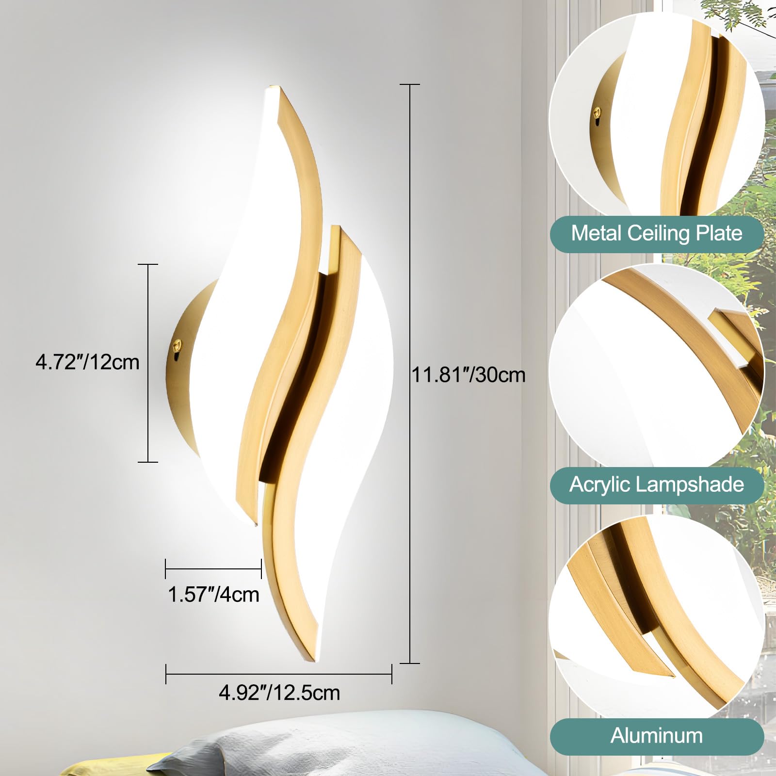 CANEOE Modern LED Wall Sconce, 6000K Cold White, Acrylic Light Fixture, Gold, 1 Pack, Model WL-YZ-C for Living Room, Bedroom, Bathroom