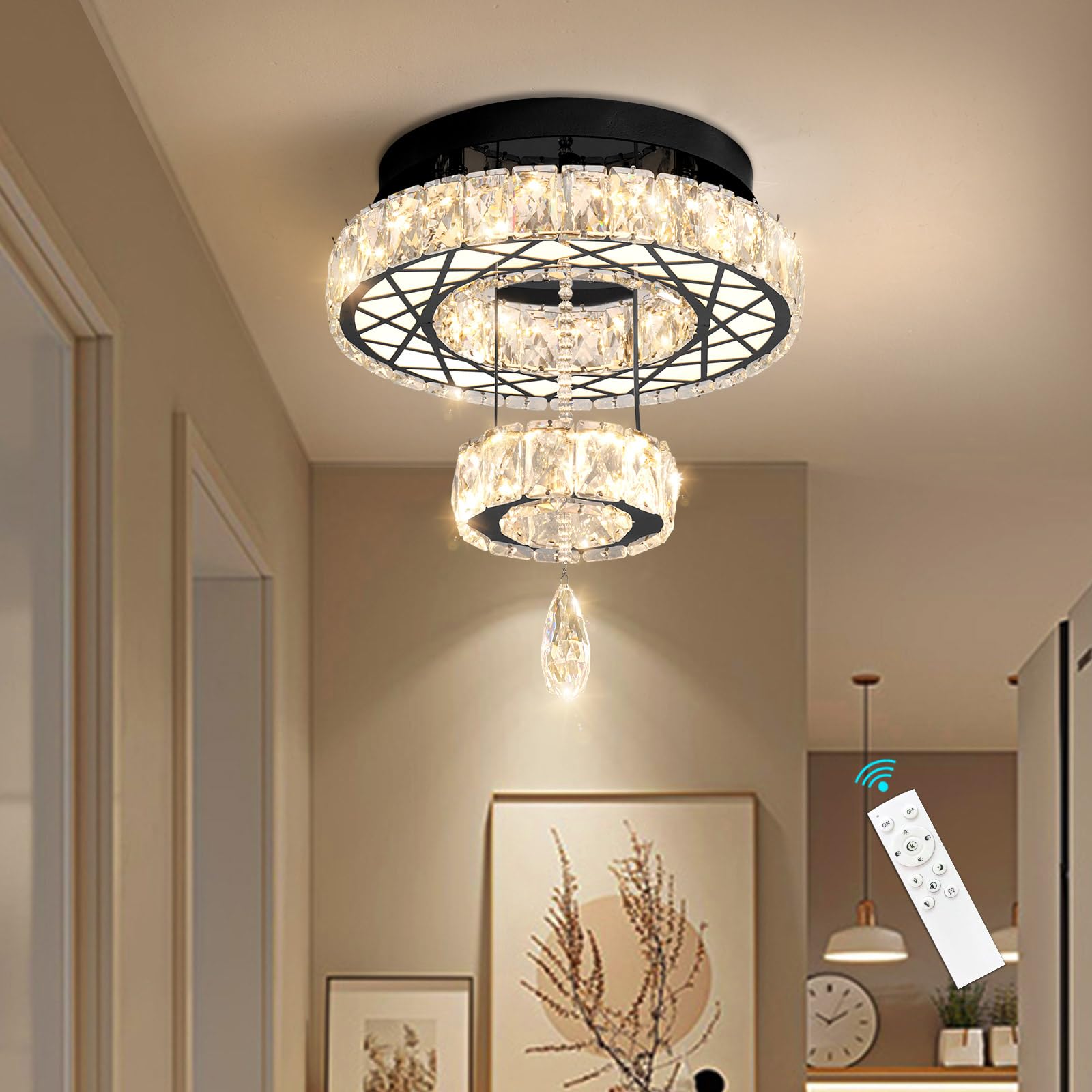 HAIXIANG Modern Flush Ceiling Chandelier Bedroom Light Fixtures Crystal Flat Sloping Ceiling Lights for Hallway Kitchen Dining R