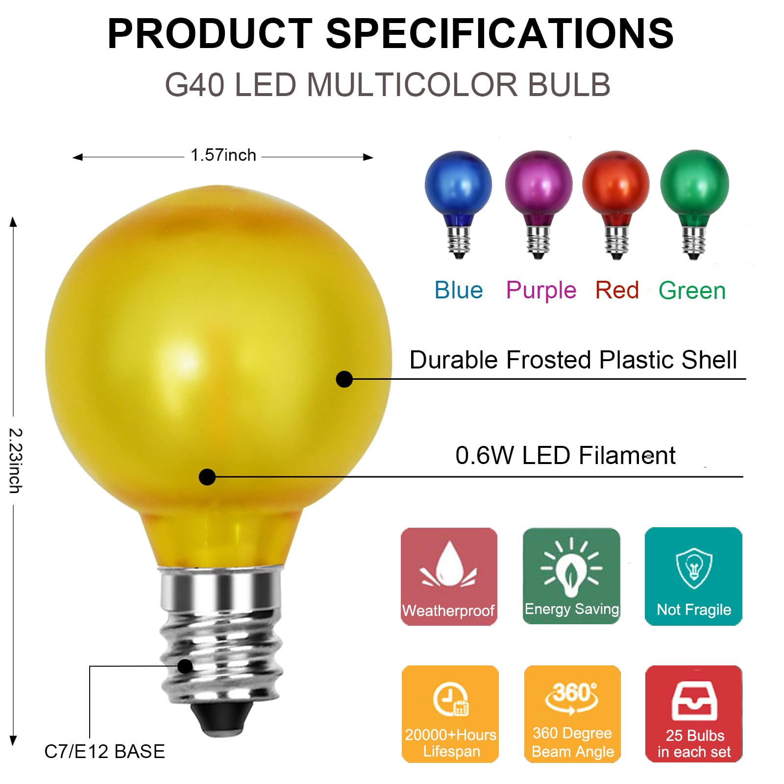 SUNSGNE G40 LED Christmas Globe Light Bulbs, 25 Pack, E12 Base, Frosted Multicolor, 0.6 Watt, Indoor/Outdoor Decor