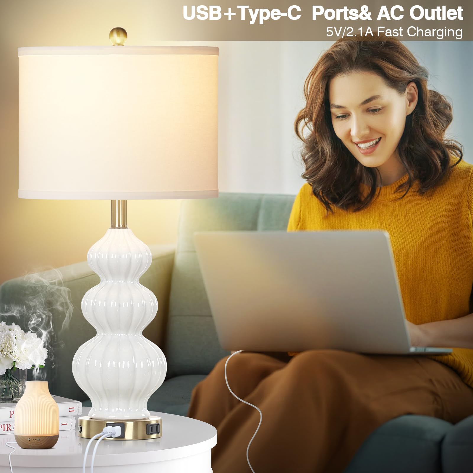 Rinweey Triple Gourd Ceramic Table Lamps Set of 2, White, Extra Large, 3-Way Touch Control, USB & AC Ports for Bedroom Living Room
