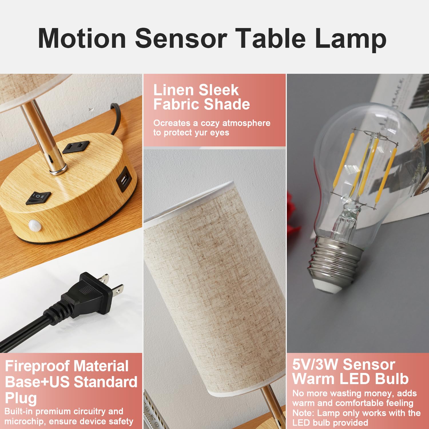 lifeholder Motion Sensor USB Lamp with LED Bulb, Fabric Shade, 1 USB & 1 Type C Port, Beige, Model LH-T39-MWYM