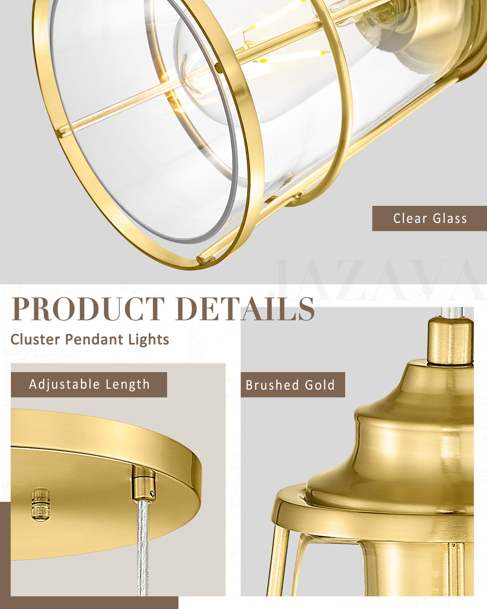 Jazava Gold Cluster Pendant Light Fixture, Modern Glass Hanging Light, 3-Light Cage Kitchen Island Lighting For Dining Room Livi