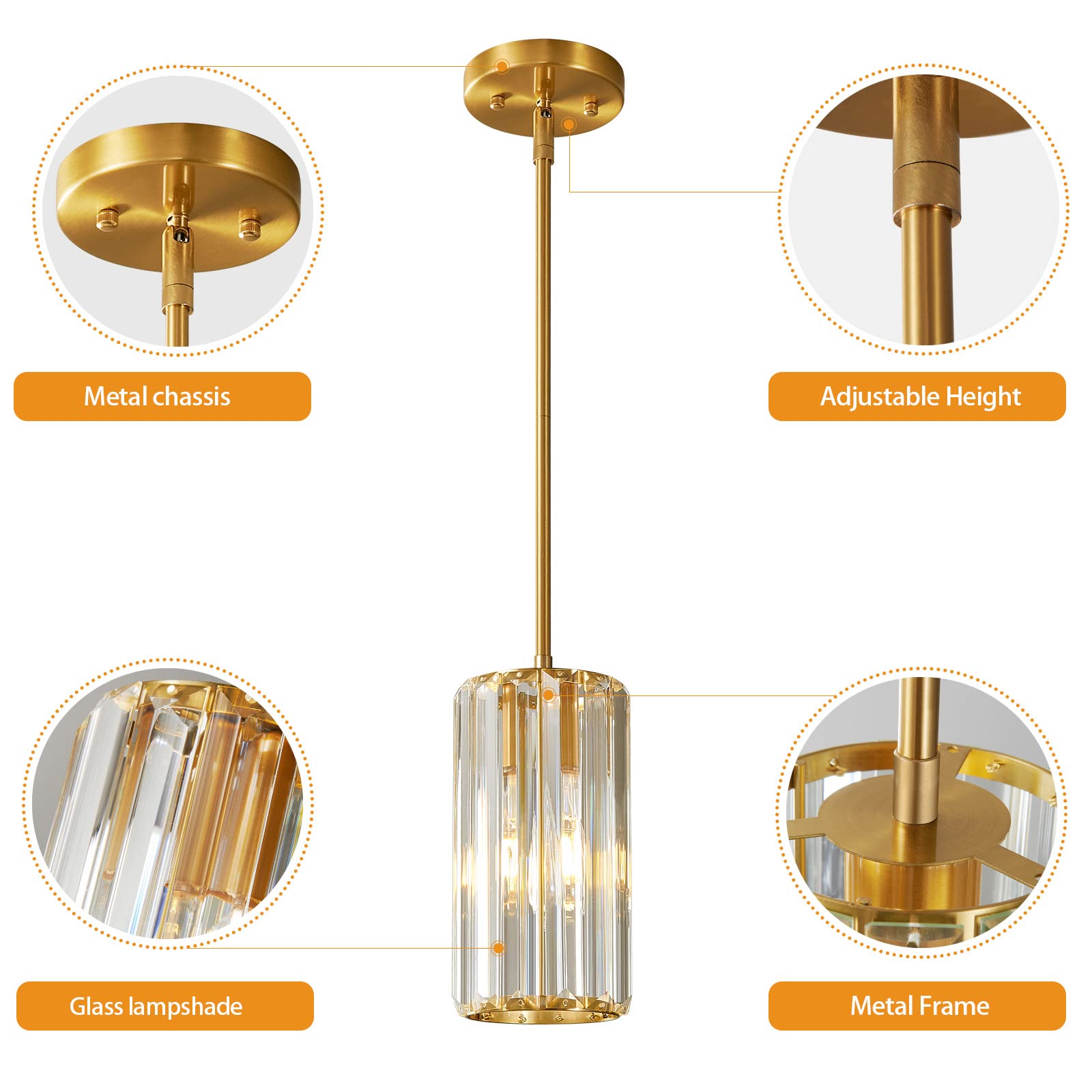Zhllmq Gold Pendant Lighting Modern Pendant Light Mini Crystal Chandeliers Adjustable Pendant Light Fixture For Kitchen Island Dinning Room Corridor Bedroom (Gold 1-Light)