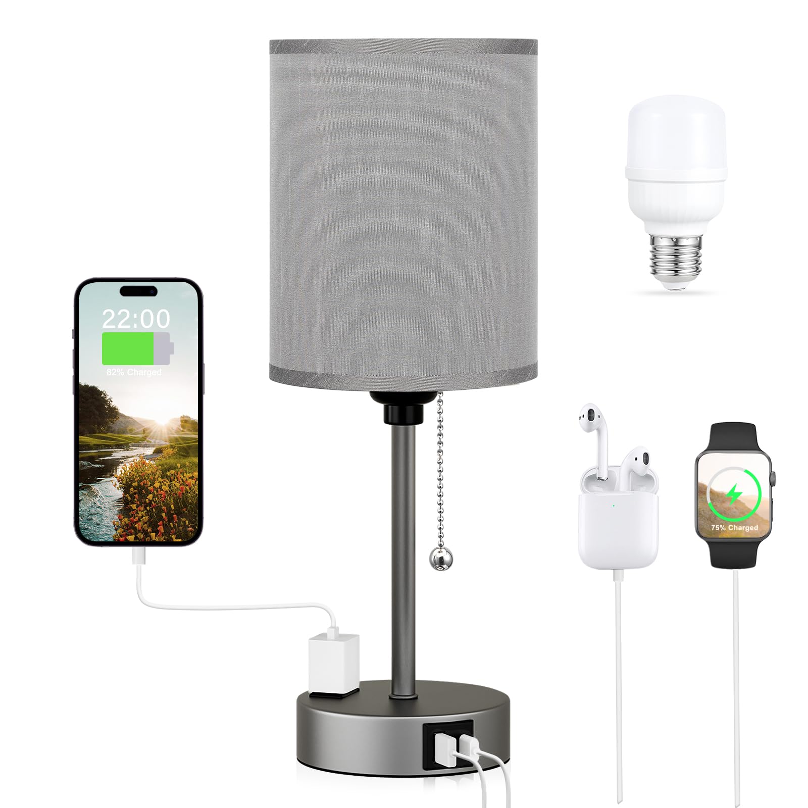 Dicoool Small Grey Bedside Table lamp for Bedroom - 3 Color Temperatures Bedside Lamps with USB C and A Ports, Pull Chain Table 