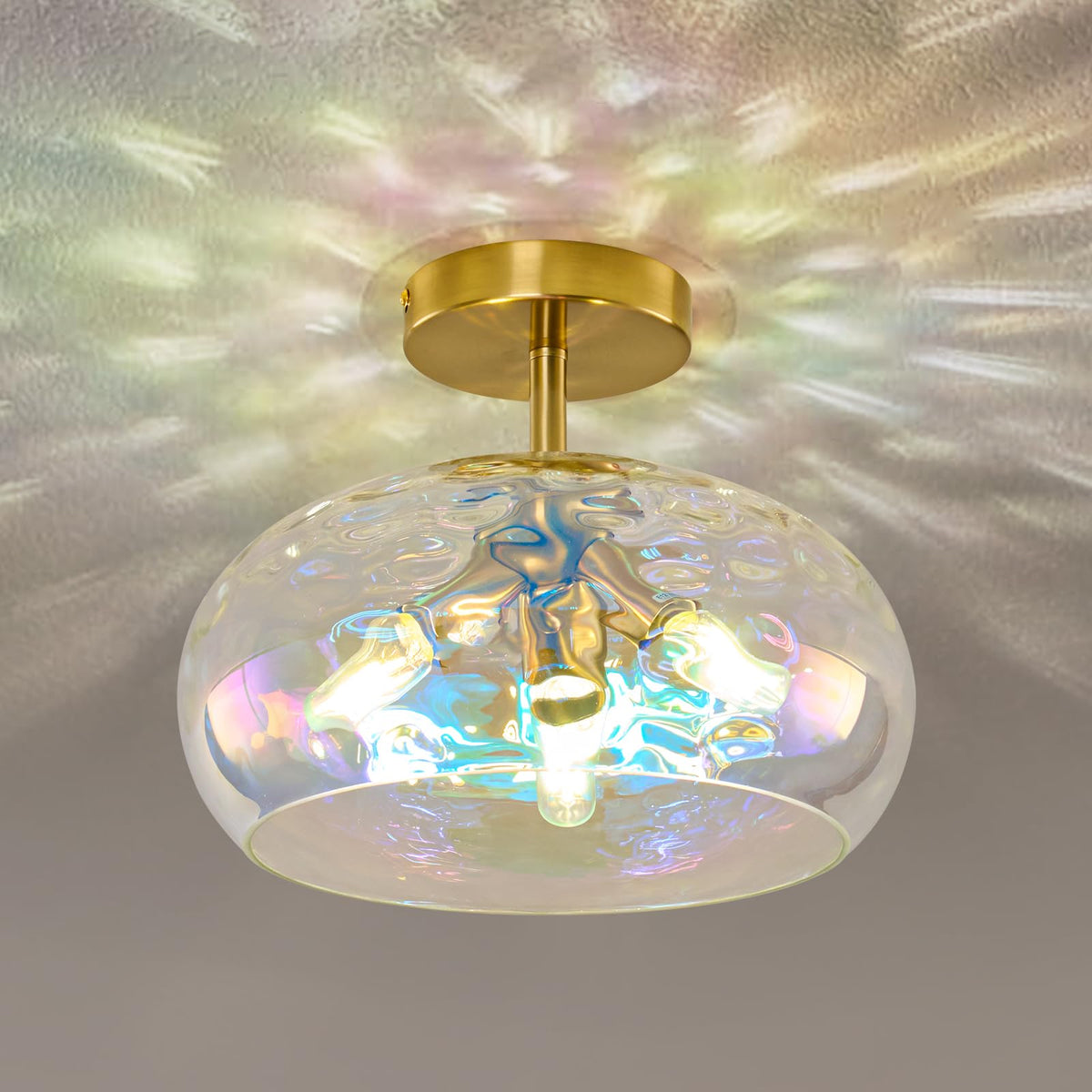 Vintage Glass Flush Mount Ceiling Light - 12 Inch Rainbow Hammered Glass Hallway Light Fixtures Ceiling, Gold Semi Flush Mount C
