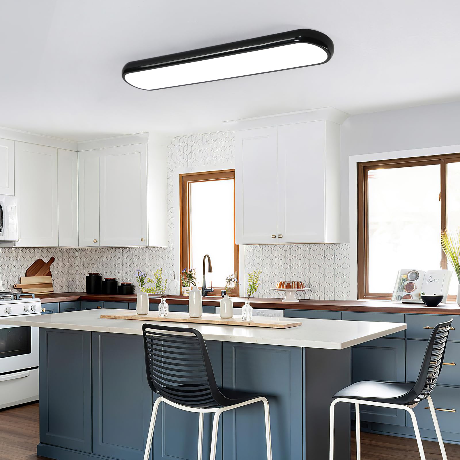 Qcyuui Modern Led Ceiling Light Dimmable Semi Flush Mount Ceiling Light 39.4 In Long Ceiling Light Fixture Kitchen Lighting Fixtures Ceiling For Office Bedroom Hallway(Black/48W/3000-6500K)