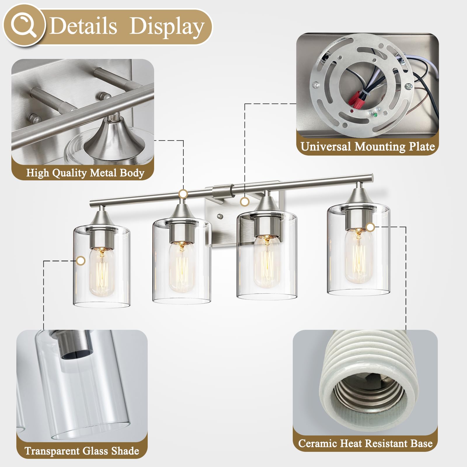 XPEHK 4-Light Bathroom Light Fixture, Modern Brushed Nickel Vanity Sconce for Mirror, Bedroom, Hallway